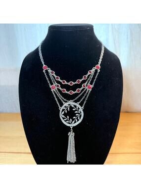 Lucky Brand Layered Necklace Red Stone Tassel Silver Tone 19”